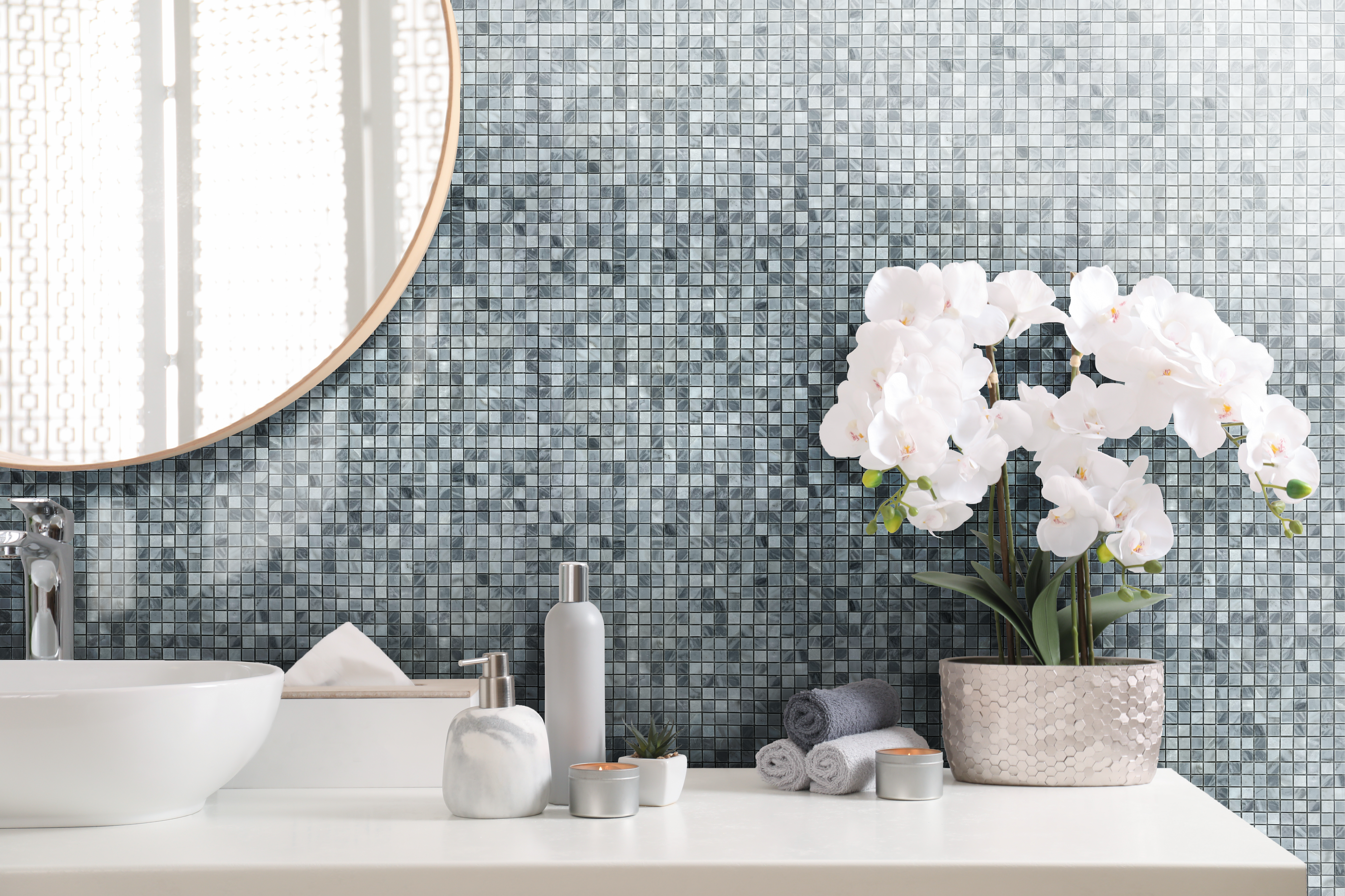 Bathroom with Sink and Decor White Carrara Grey Micro Marble 626-091