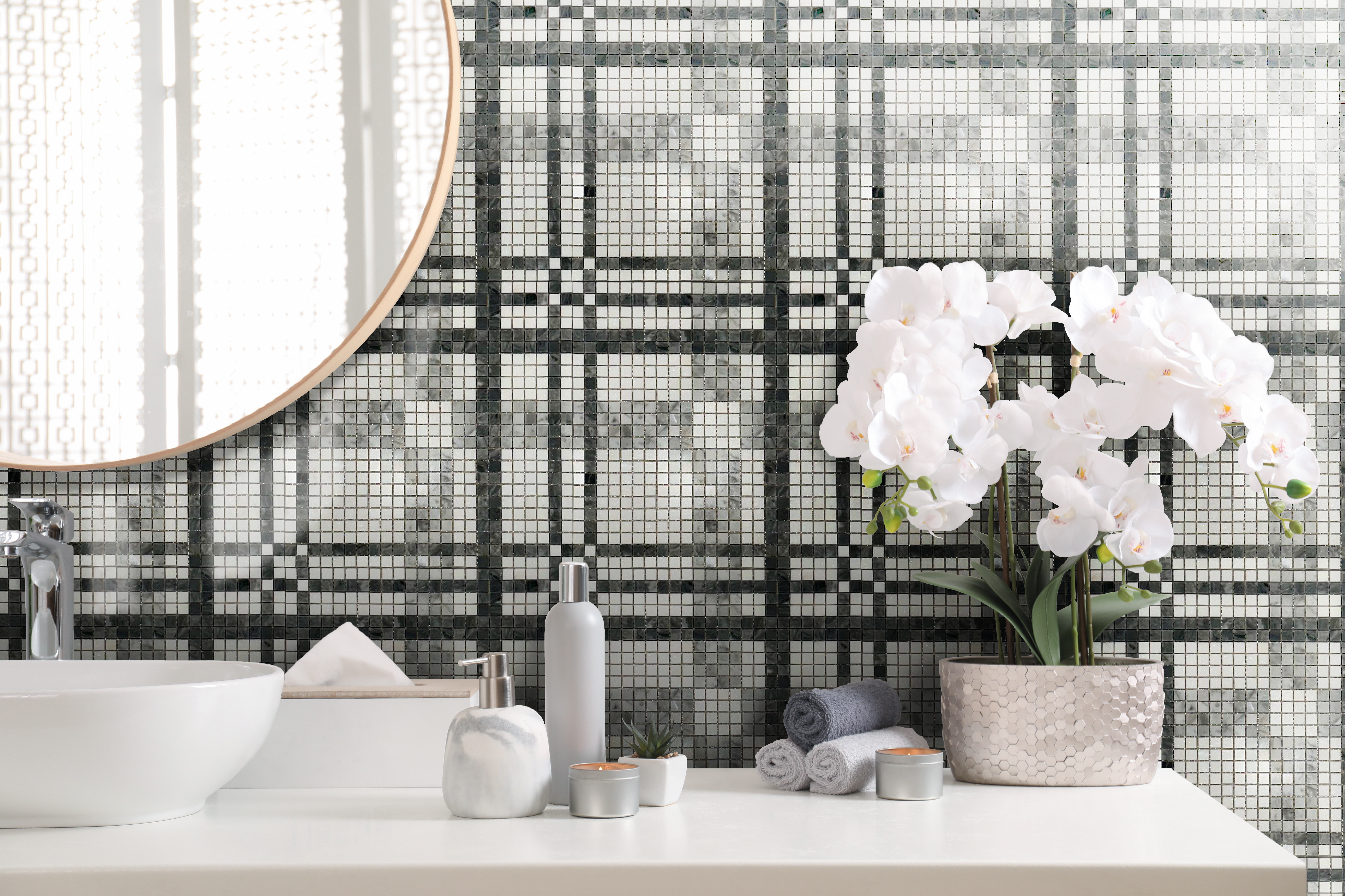 Bathroom with Sink and Decor White Thassos & Carrara Micro Marble 626-096